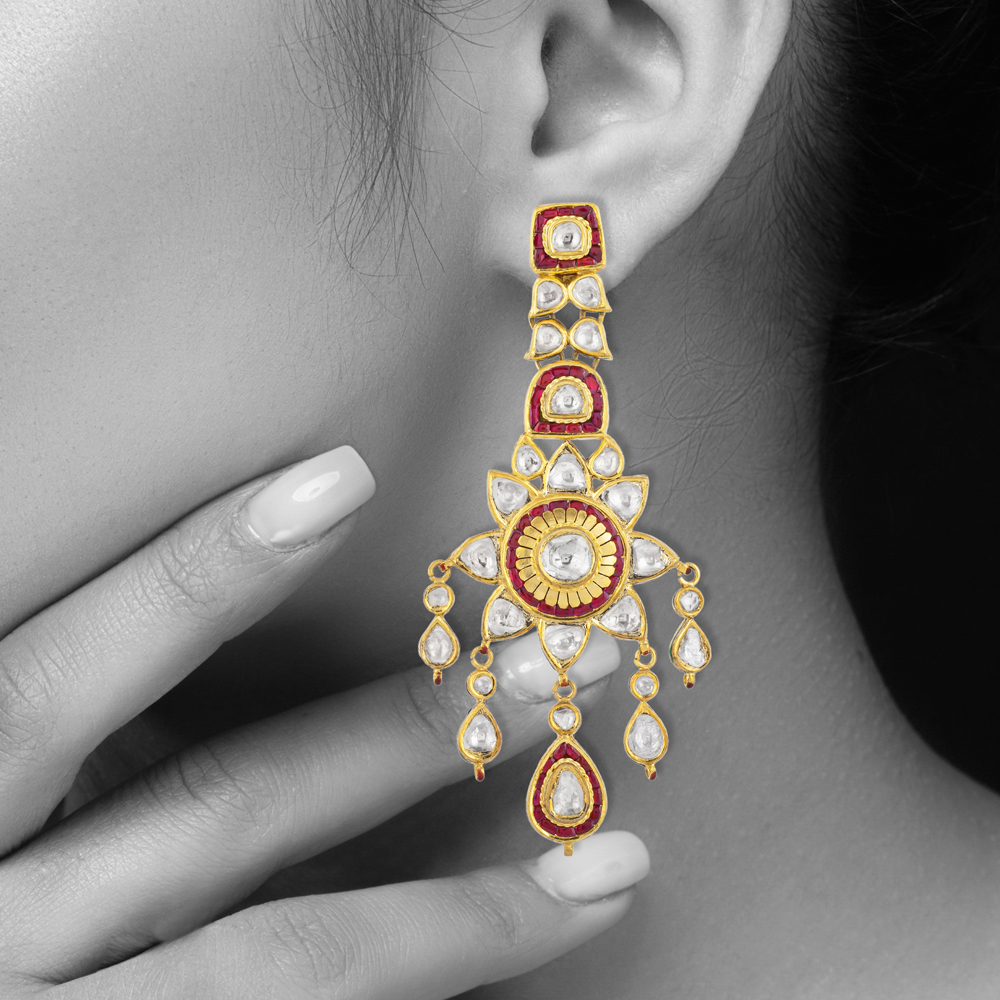 Sunburst Polki Earrings with Red Talaf & Teardrop Polkis